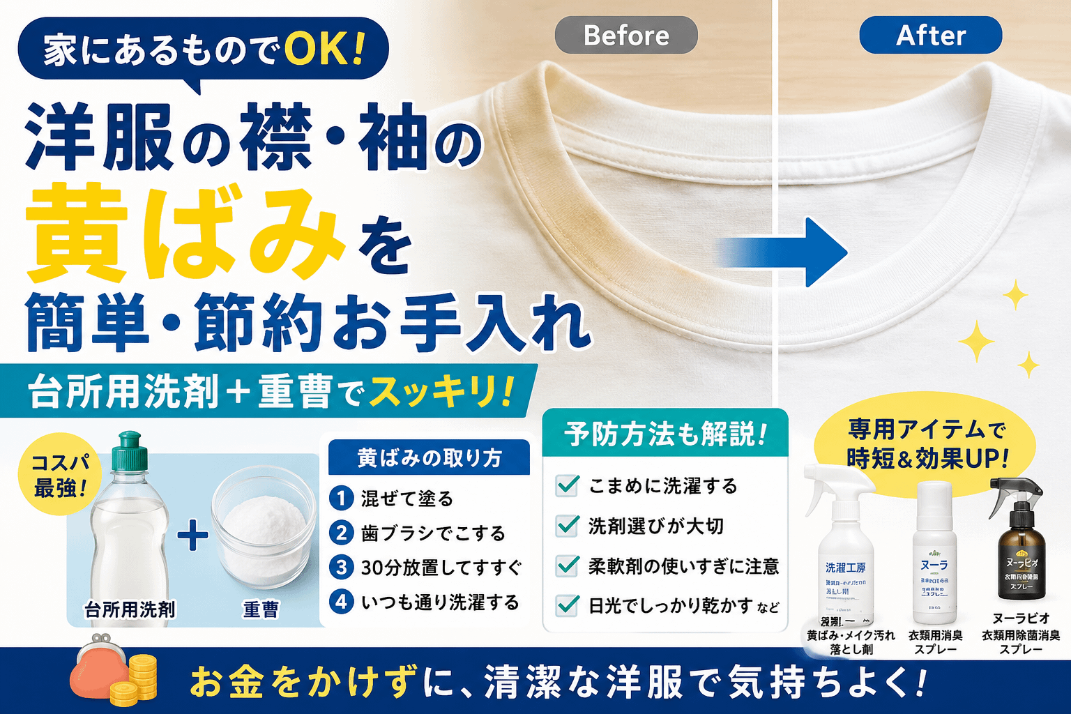 洋服の襟・袖の黄ばみを自宅で落とす方法｜重曹と台所用洗剤で節約お手入れ